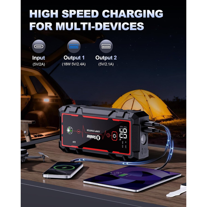 Бустер для автомобіля (Jump Starter) 8000mAh, портативний пусковий пристрій 12V для бензинових двигунів до 7.0L та дизельних до 5.0L, з ліхтариком та пусковими кабелями