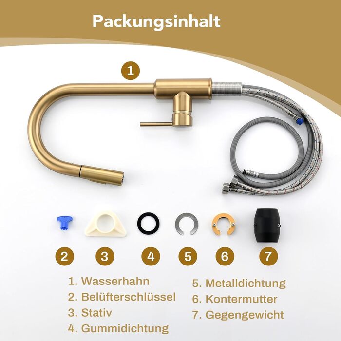 Змішувач кухонний з висувною лійкою та душовою насадкою, поворотний на 360°, 2 режими, нержавіюча сталь (золотий)