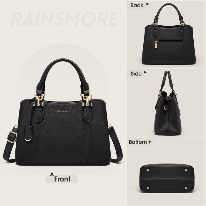 Сумка жіноча RAINSMORE середнього розміру з екошкіри, чорна. Сумка-тоут, сумка на плече, сумка через плече.