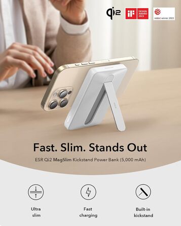 Power Bank ESR MagSafe QI2 з бездротовою магнітною зарядкою, 15W, 5000mAh, USB-C, білий (з підставкою)