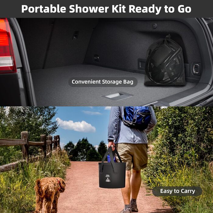 Mytrix 2024 Upgraded Portable Camping Shower Full Set: 6000mAh Rechargeable Power Suction Pump with Smart Display, Multi-Modes Spray Head & 5-Gallon Water Foldable Bucket for Outdoor Travel and Hiking
