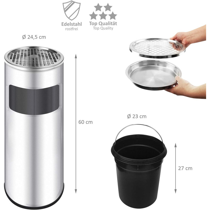 WELLGRO Standaschenbecher з нержавіючої сталі 2в1 для вулиці: попільничка та сміттєвий бак. Великий попільничник для тераси, входу, кафе та ресторанів (сріблястий)