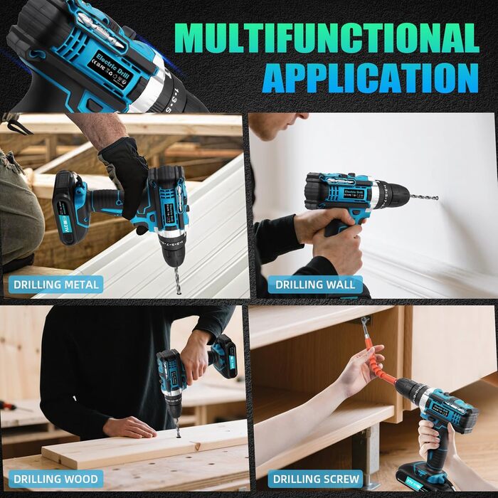 Акумуляторний шуруповерт 21V з акумулятором 2000mAh, 50Nm крутний момент, 25+3 ступені крутного моменту, 2 акумулятори та швидка зарядка, для саду, дому, DIY проектів