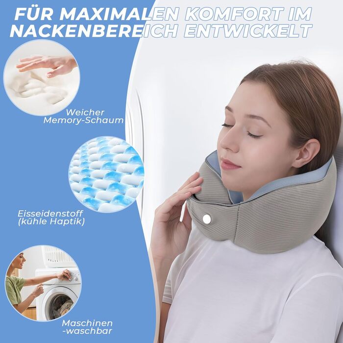 Travel Memory Foam Neck Pillow with Storage Box - Orthopedic Support for Airplane, Car, Train - Gray