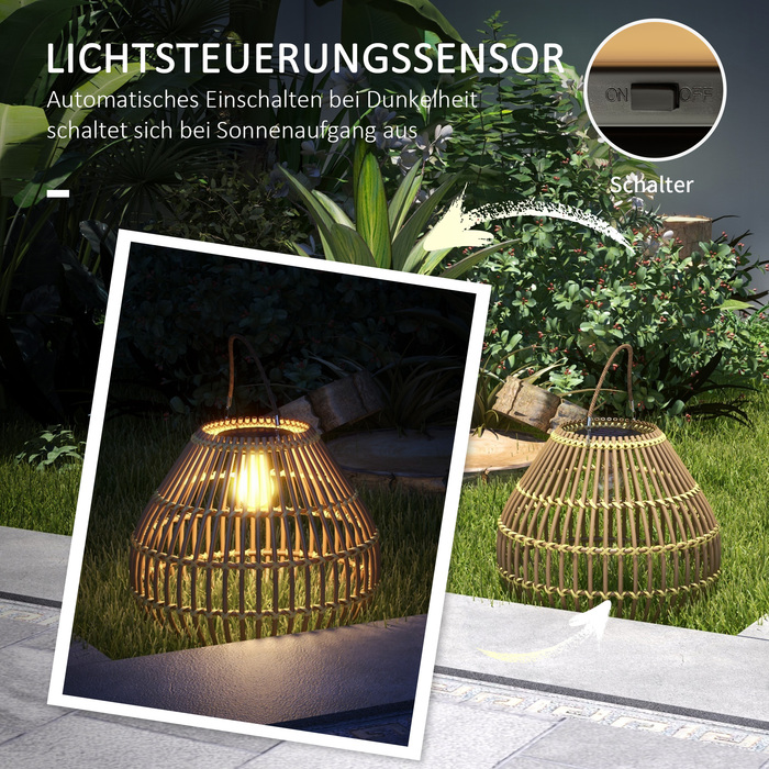 Outsunny Solar Lamp Rattan Garden Light Waterproof with Light Sensor Drum Design Yellow for Outdoor