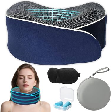 Подушка для шиї у літак, 360°, подушка для подорожей з Memory Foam, набір для дорослих - ергономічна, з коробкою, маскою для очей та навушниками (Темно-синій)