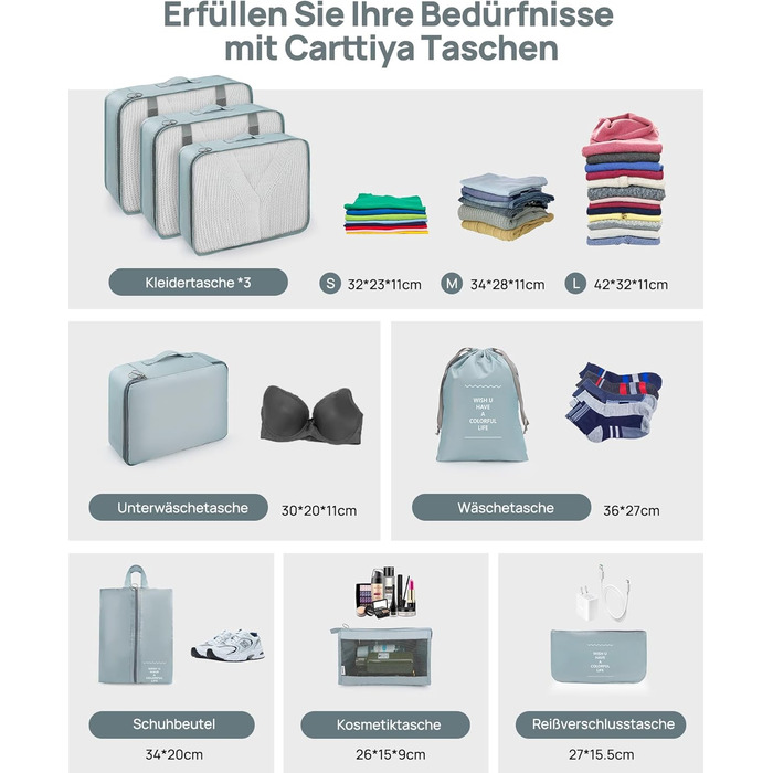 Органайзери для валізи 8 шт., дорожні куби для подорожей, водонепроникні, з косметичкою, сірі