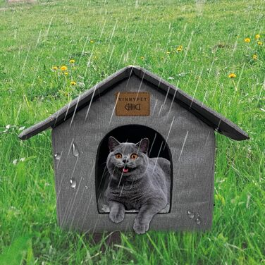 Vinnypet Outdoor Cat House - Winterproof, Waterproof, Warm Pet Shelter with Plush Cushion - Dog House, Stray Animal Shelter - 40x35x40cm Grey