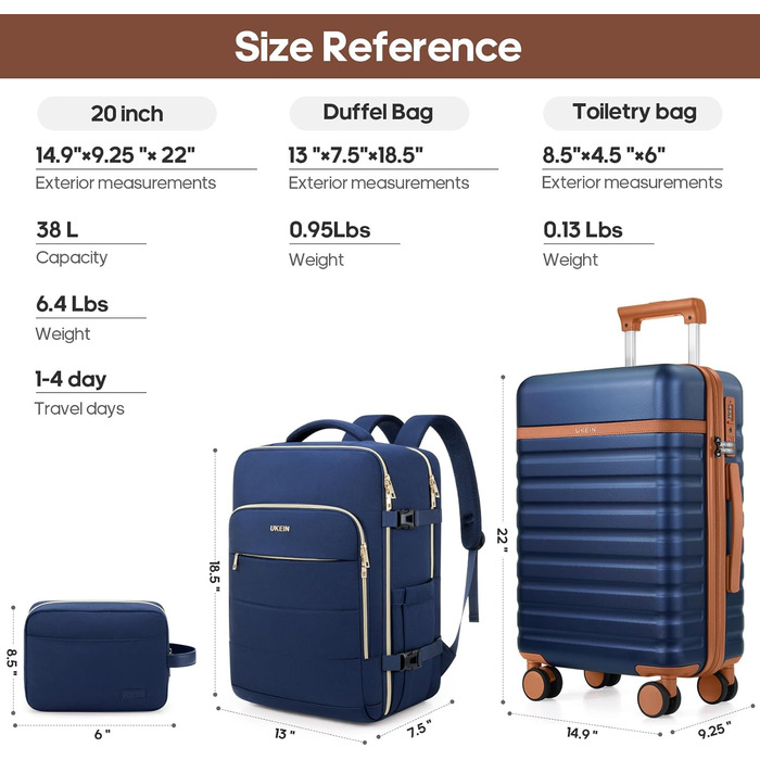Набір валіз UKEIN 3 шт. з жорстким корпусом, міцний ручний багаж з 4 колесами, TSA-замок, рюкзак та косметичка (Marineblau)