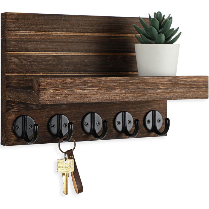 Key holder for wall, decorative key and mail holder with shelf has large key hooks for bags, coats – Paulownia wood key hanger with mounting material (24 cm W x 17 cm)