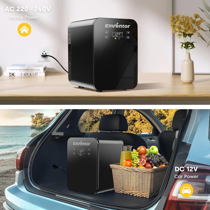 Mini холодильник Enventor 10L: портативний, з подвійним охолодженням, 12V/220V, для авто, кімнати, офісу (чорний)