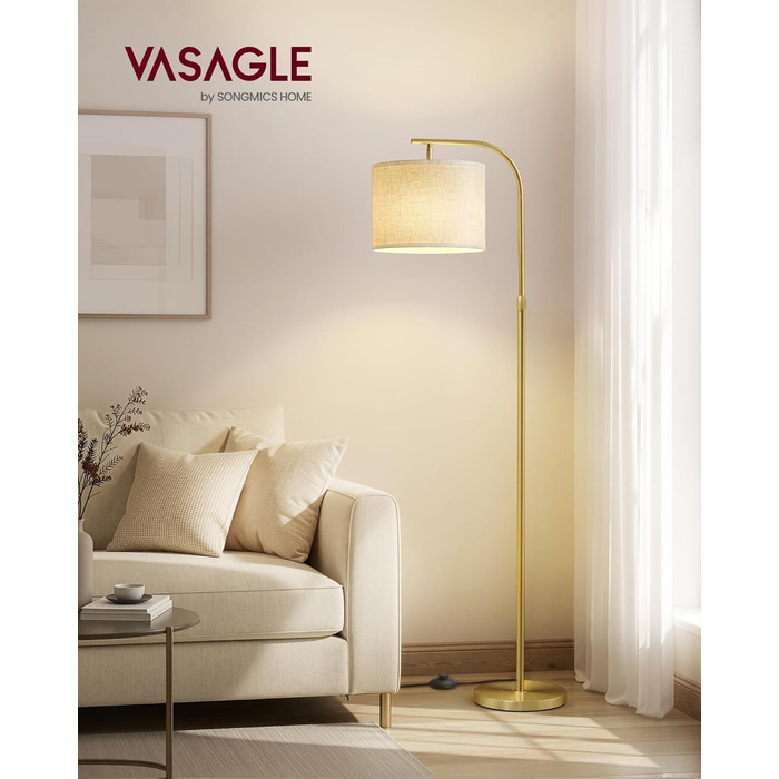 Торшер VASAGLE LFL006BD02, 150-175 см, золотистий: сучасний торшер-арка з регульованою лампою та тканинним абажуром E27
