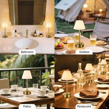 Світлодіодний акумуляторний настільний світильник OUTON (2 шт), USB-C, 3 режими світла, сенсорне керування, водонепроникний IP54, до 53 годин, для ванної, кухні, вулиці (Золотий)