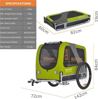 DOGGYHUT® Преміум великий велосипедний причіп для собак об'ємом 270 літрів, підходить для середніх та великих собак (Зелений)
