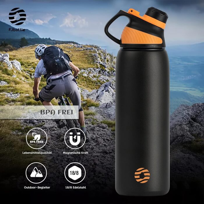Фляга спортивна Fjbottle Edelstahl 1л з магнітною кришкою, BPA-Free, для школи, фітнесу, чорна
