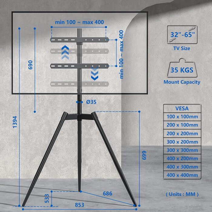 RFIVER Adjustable TV Stand with Swivel Base - Fits 32-65 Inch TVs (VESA 400x400mm, 35kg)