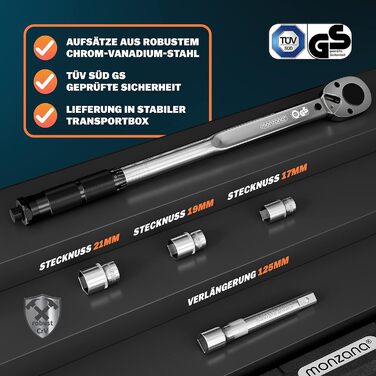 Набір динамометричних ключів Monzana 6 шт. 40-210 Нм 1/2'' CrV з тріскачкою, насадки 17/19/21 мм, подовжувач, кейс, для авто і мотоцикла, сертифікат TÜV Süd GS