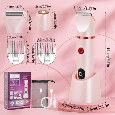 Електричний жіночий тример 3-в-1 для тіла, обличчя та інтимної зони, 3 насадки, IPX7, для жінок