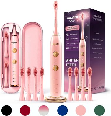 Електрична зубна щітка Wagner Stern WHITEN+ Edition з датчиком тиску. 5 режимів чищення, 3 рівні інтенсивності, 8 насадок, дорожній футляр (Рожевий)