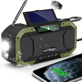 Радіоприймач аварійний водонепроникний з Bluetooth, ліхтарем, сонячною панеллю та зарядним пристроєм 5000mAh (зелений)