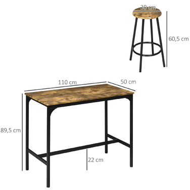 HOMCOM Bar Table Set 5-Piece with 4 Bar Stools, Kitchen Table in Industrial Design, Rustic Brown, Metal Dining Set for Kitchen & Bar