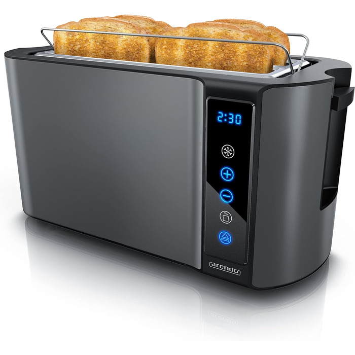 Arendo - Stainless Steel Toaster, Long Slot, 4 Slice - Touchscreen – Double-Walled Housing – 1500 W – Integrated Bagel Attachment – 7 Browning Levels – Bread Centering – Remaining Time Display – Memory Function A: Cool Grey