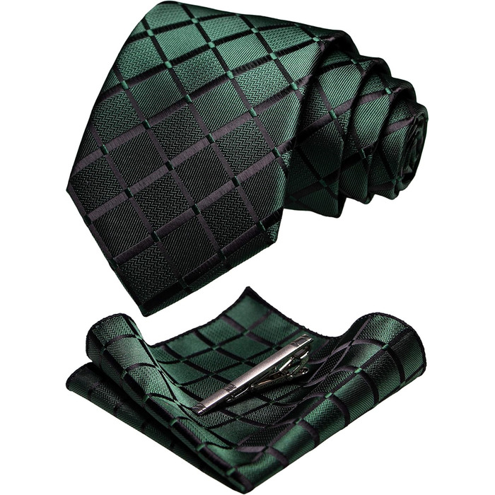 Чоловіча краватка та нагрудна хустинка JEMYGINS в клітинку, набір (темно-зелений)