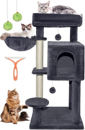 Драбина-кіготь для котів великих порід, кіготь-будинок з сизалю, платформа, м'ячики та щітка, 95 см, темно-сірий