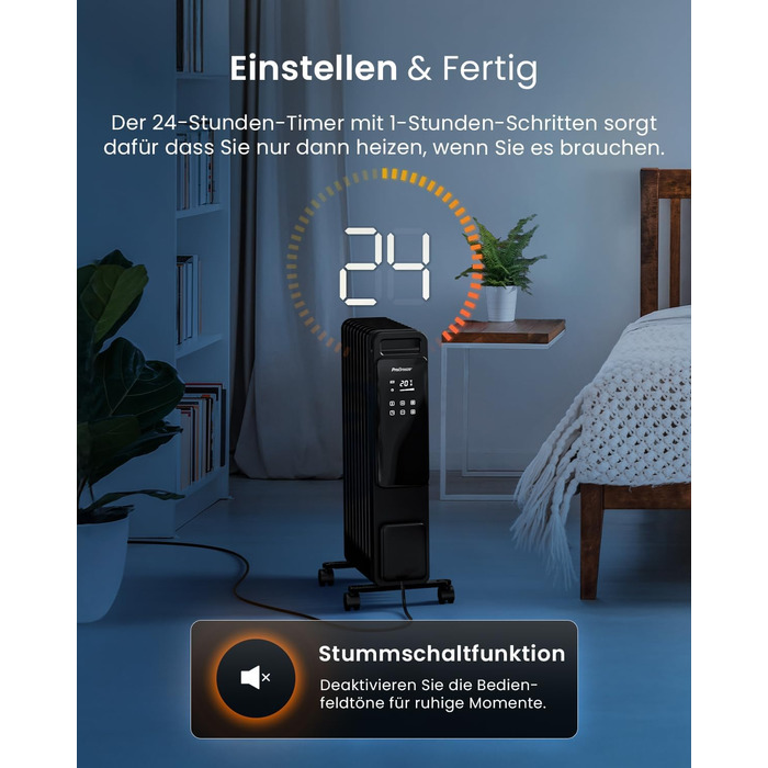 Електричний масляний радіатор Pro Breeze 2500W з 11 ламелями. Розумна система опалення, 3 режими, термостат, Wi-Fi, таймер 24 години, сенсорне керування, захист від перегріву. Білий.