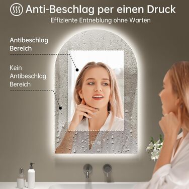 Дзеркало для ванної кімнати з підсвічуванням, арочне, без рами, 75x50 см. Touch-вимикач, регулювання яскравості, 3 кольори світла, антизапар