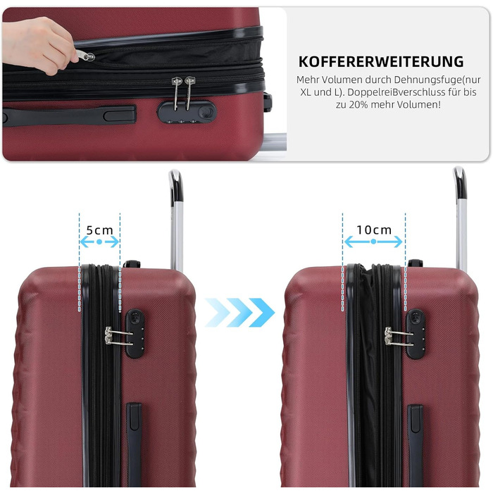 Чемодан-роллер Beibye Zwillingsrollen 2066 з жорстким корпусом, набір - L-XL (бордовий)