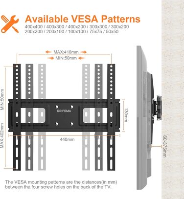 Настінний кріплення для телевізора GRIFEMA: поворотний, нахильний, висувний, універсальний (26-65 дюймів, до 60 кг, VESA 600x400)
