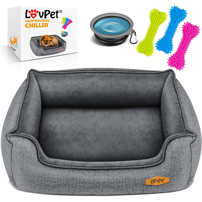 Lovpet® Dog Bed, Dog Cushion, Dog Basket Chiller, Incl. Bowl + 3X Chew Bones, Dog Sofa Cushion for Small, Medium & Large Dogs, Removable and Washable Cover, L 90 x 75 x 25 cm Grey