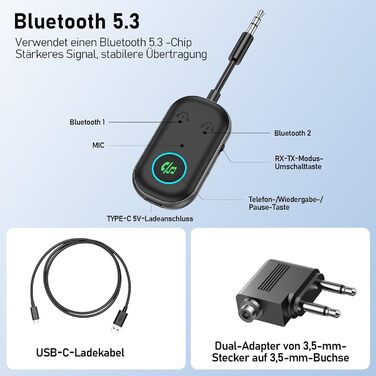 Bluetooth передавач/приймач 2-в-1: адаптер Bluetooth 5.3 з аудіороз'ємом 3.5 мм для навушників, авто, ТВ та аудіосистем