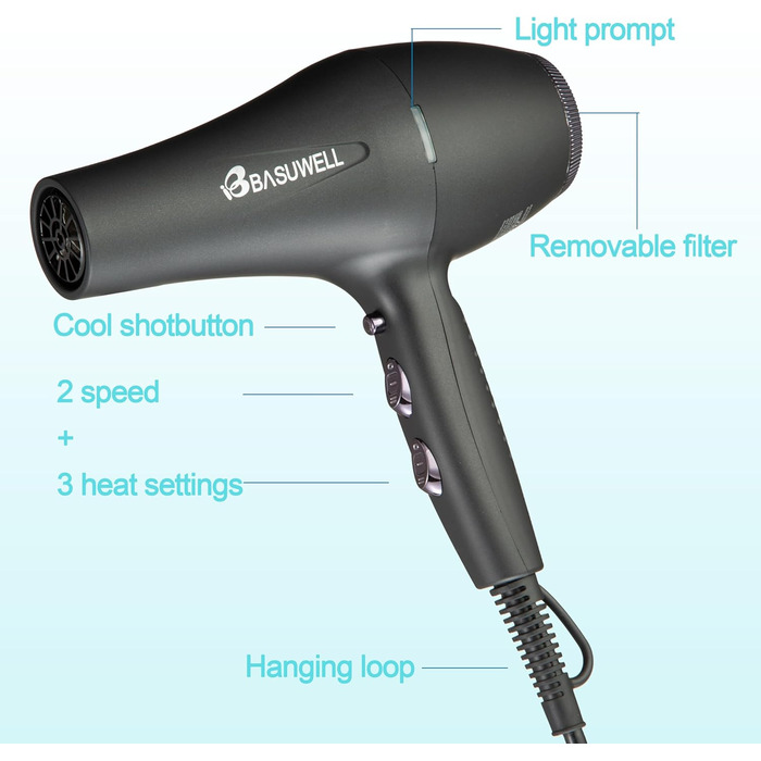 Фен Basuwell Ionen Pro 2100W: Професійний фен для салону краси з іонізацією, 3 режими нагріву, 2 швидкості, насадка-дифузор, AC-двигун, чорний