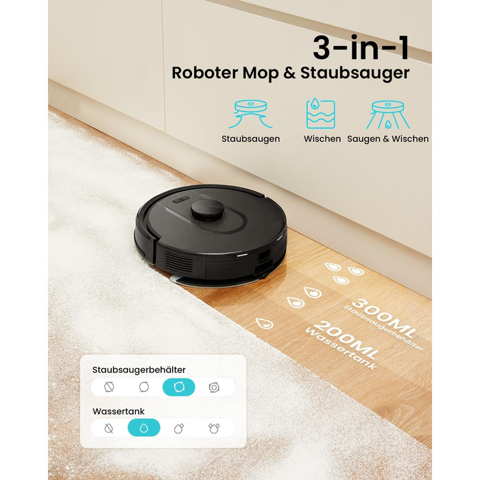 Робот-пилосос Vexilar W11 з функцією миття, LiDAR навігація, потужність 5000Pa, тривалий час роботи, WiFi, ідеальний для килимових покриттів