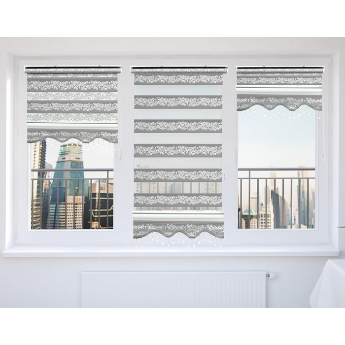 Double Roller Blind Klemmfix No Drilling White Silver 200 x 60 cm (Length x Width) Duo Roller Blind Blackout with Beads, Shimmers, Pleated Blind Window Door Zebra Blind Clamp Roller Side Pull Roller Blind (Grey Silver, W50 x H200 cm)