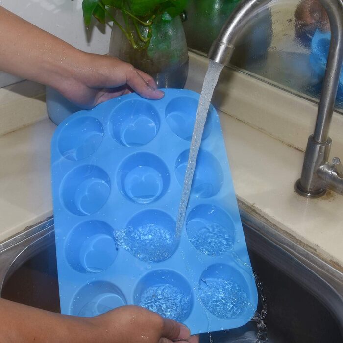 2 Pack Silicone Muffin Baking Mold Set - Regular 12 Cups + 24 Cups Cupcake Mold BPA Free, Non-Stick, Heat-Resistant, Food-Grade Silicone Baking Molds with Bonus 1 Silicone Spatula & 1 Oil Brush blue