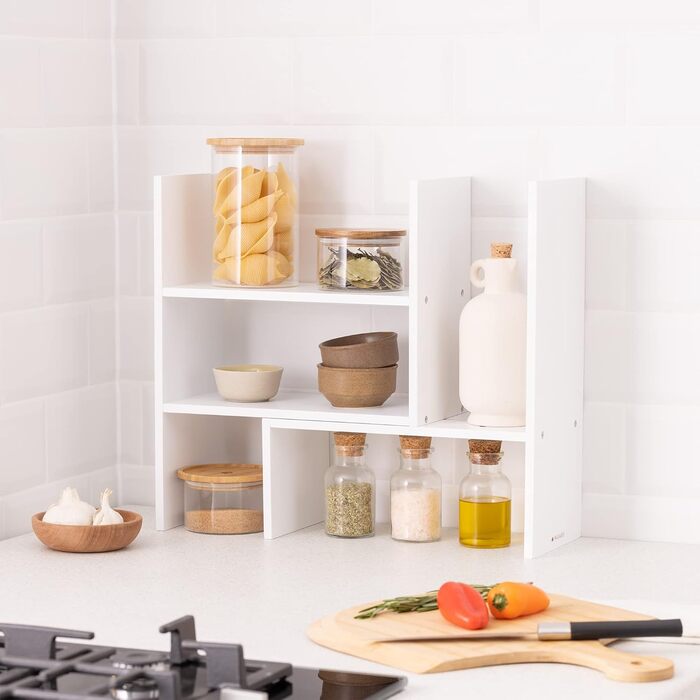 Navaris Acacia Desk Organizer 64x15.5x40 - Desk Shelf Organization System Adjustable - Corner Shelf for Kitchen Office Bathroom Shelf Attachment - Natural (White)