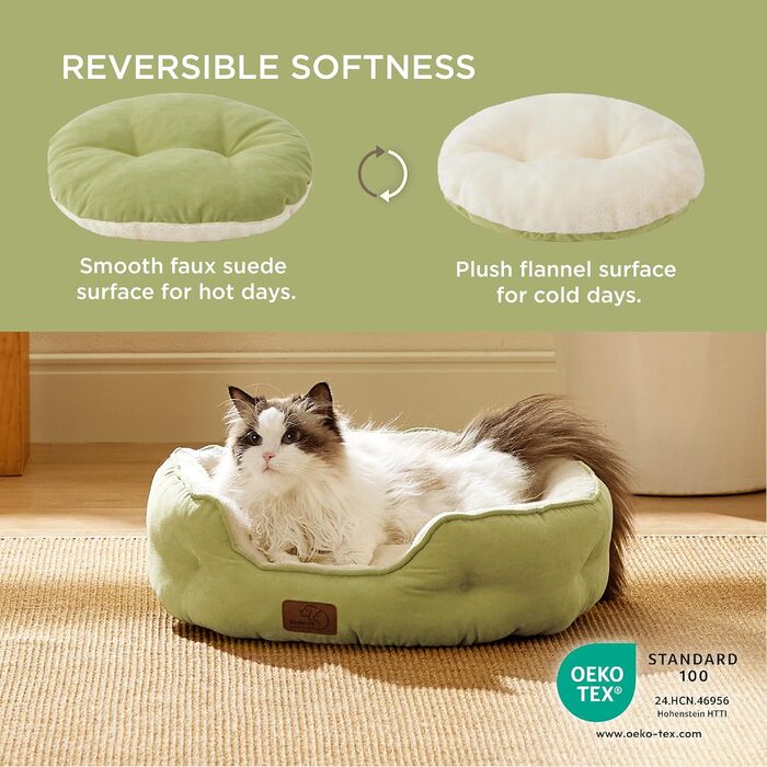 BEDSURE Cat Bed Washable - 63x53x20cm Cat Bed with Reversible Inner Cushion Cat Sleeping Place for Cats or Small Dogs (Light Green, L 51 x W 48 x H 15 cm)