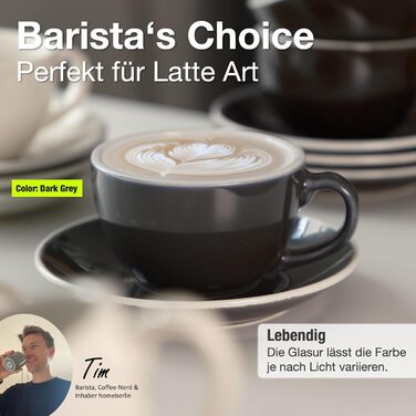 Набір кавових чашок Barista Pro Cappuccino 200мл - 4 шт. Преміум якість, ручна робота, з підставками, сірий глазурований steingut