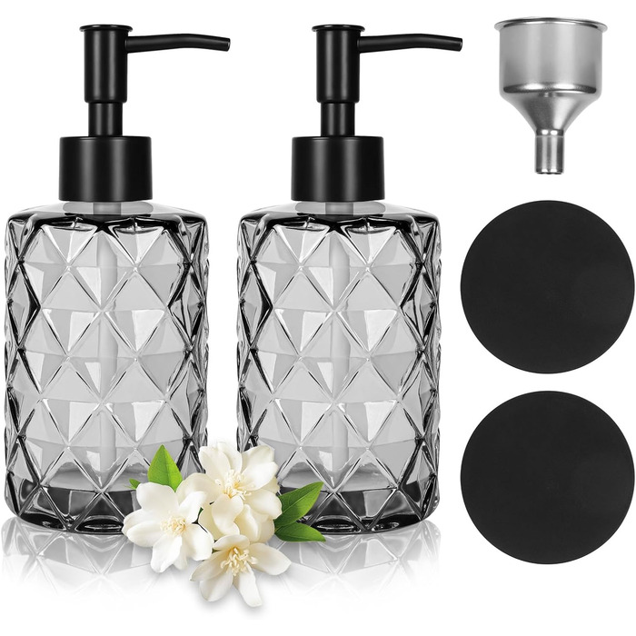 Дозатор мила чорний, скляний з нержавіючою сталею, 330 мл, для ванної кімнати та кухні, з підставкою
