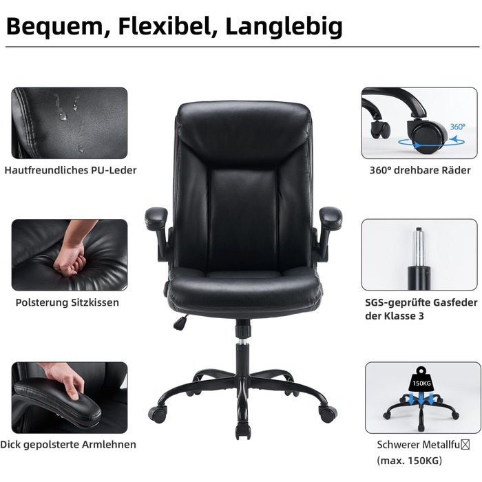 Ергономічне крісло для офісу, ігрове, з підлокітниками, регульоване по висоті, з PU шкіри (Чорний)