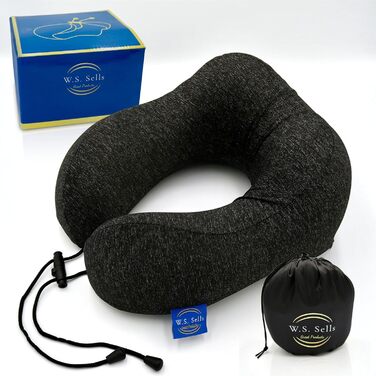 Подушка для шиї W. S. Sells з Memory Foam, комплект для подорожей (маска для сну, навушники, чохол), чорна