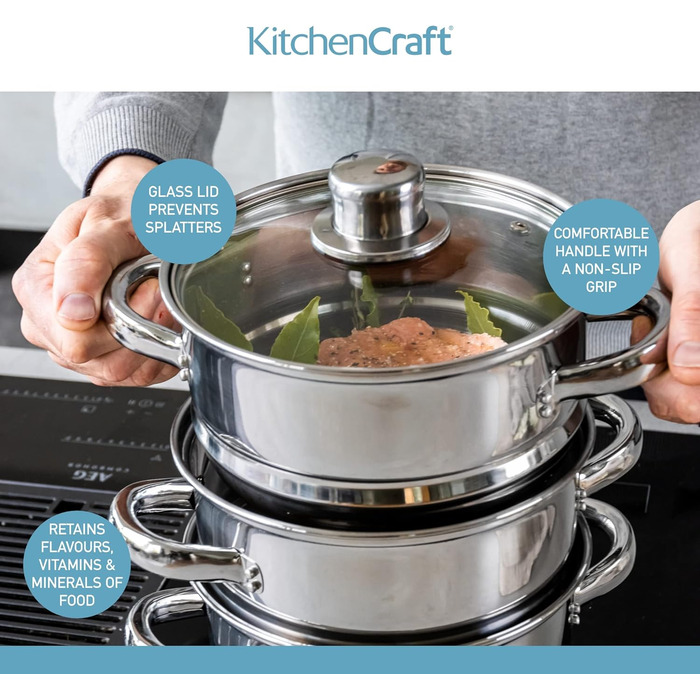 Набір каструль KitchenCraft 3 шт. з пароваркою, суповою каструлею, індукційне дно, нержавіюча сталь, подарункова коробка, 16 см, сріблястий