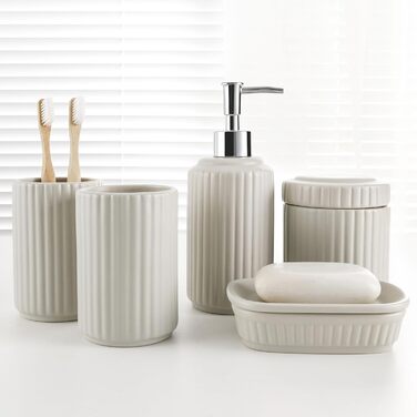 Набір для ванної кімнати NOVAJOY, кераміка, 5 предметів: мильниця, дозатор мила, тримач для зубних щіток, контейнер для ватних паличок, декор для ванної кімнати преміум-якість (абрикосовий сірий)