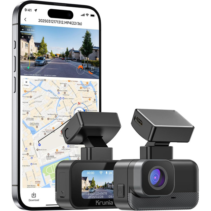 Відеореєстратор Krunia 2K WiFi Mini Dashcam Auto з GPS, CPL, WDR, Нічне Бачення, 24/7, Магнітне кріплення, Superkondensator, 170° Широкий Кут