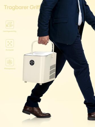 Машина для приготування льоду FOHERE 14 кг/24 год, 8 кубиків за 6 хв, 2 розміри кубиків, самоочищення, з ручкою, лопаткою та кошиком, для вечірок, офісу, кемпінгу (Off-white)