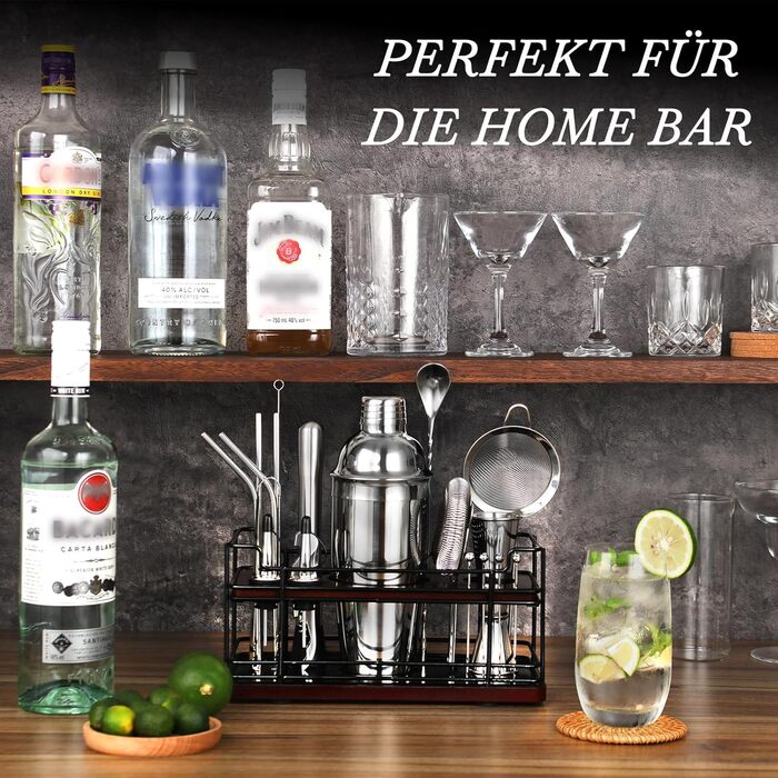 Набір для коктейлів Boston Cocktail Shaker Set 20 предметів з підставкою, 825 мл, нержавіюча сталь, для дому, професійний, з аксесуарами та рецептами, ідеальний подарунковий набір (сріблястий)