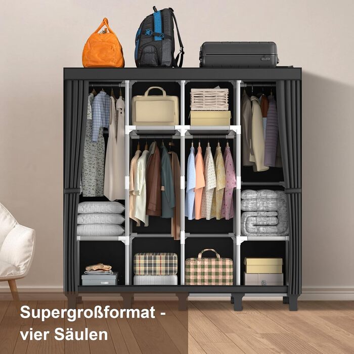 LOEFME Wardrobe 170 * 175 * 45cm, Fabric Wardrobe for Bedroom, Clothes Wardrobe Fabric, Fabric Clothes Wardrobe with 2 Hanging Rails (Black)